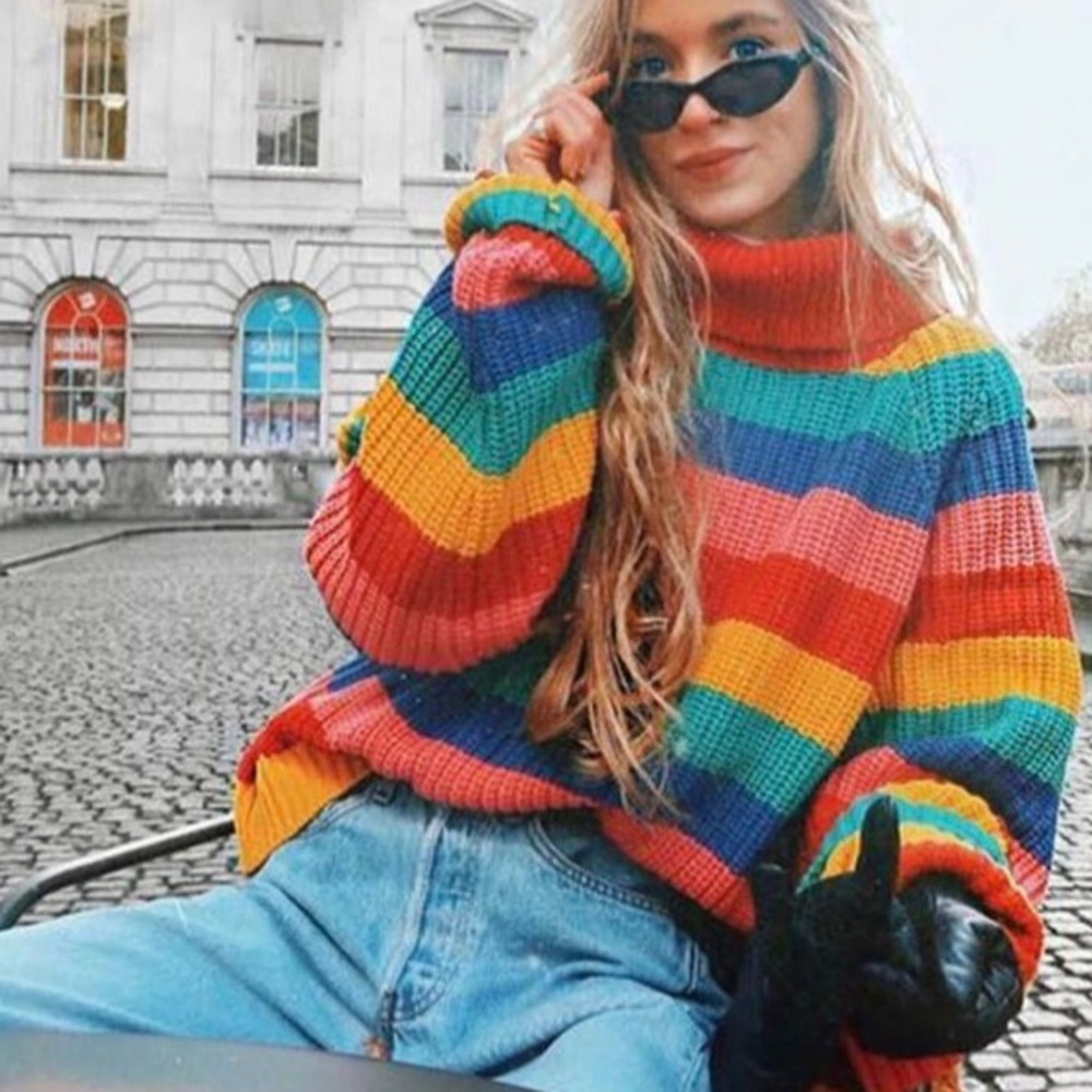 SOLD Oversized Rainbow Striped Turtleneck Sweater